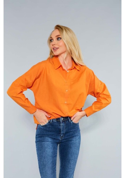 Kadın Oranj Oversize Uzun Basic Gömlek HZL22W-BD139001
