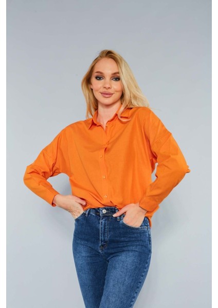 Kadın Oranj Oversize Uzun Basic Gömlek HZL22W-BD139001 fiyatları