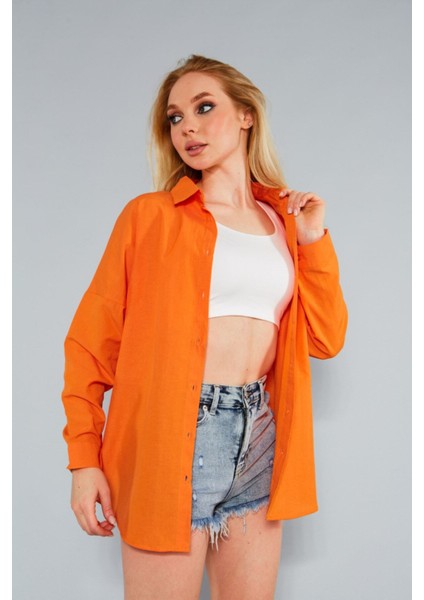 Kadın Oranj Oversize Uzun Basic Gömlek HZL22W-BD139001 modelleri