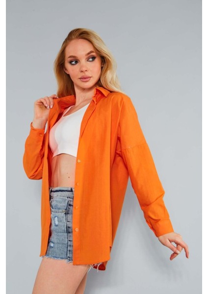 Kadın Oranj Oversize Uzun Basic Gömlek HZL22W-BD139001 fırsatları