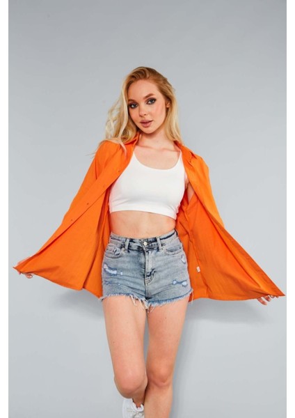 Kadın Oranj Oversize Uzun Basic Gömlek HZL22W-BD139001 indirimleri
