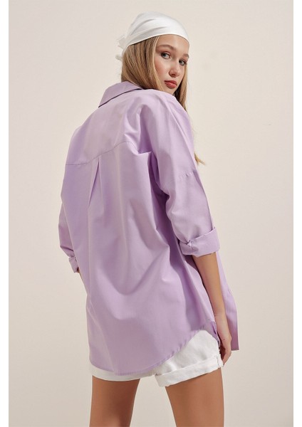 Kadın Lila Oversize Uzun Basic Gömlek HZL22W-BD139001 indirimleri