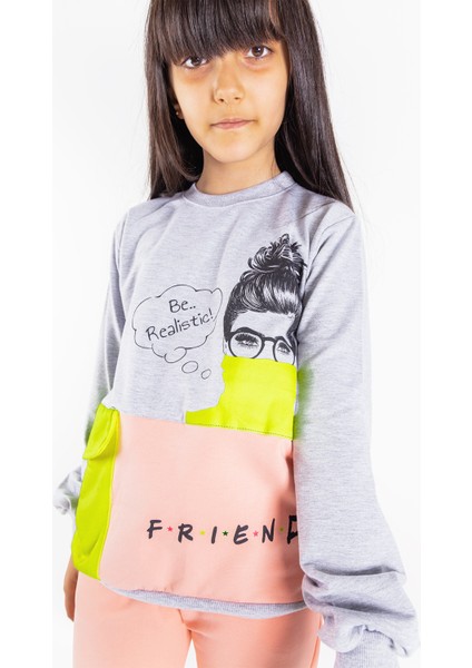Friend Baskılı Neon Detaylı Kız Çocuk Eşofman Takımı modelleri