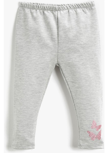 Kelebek Baskı Detaylı Tayt Simli Beli Lastikli