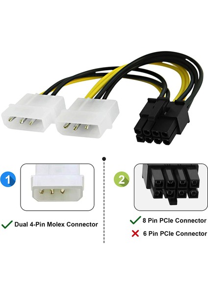 8 Pin Ekran Kartı Güç Kablosu 2x4 Pinli Molex - 8-Pin Pcıe Güç Kablosu  8 Pin Molex