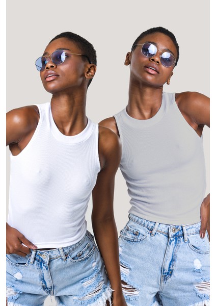 Kadın Halter Yaka Fitilli 2'li Paket Crop Bluz