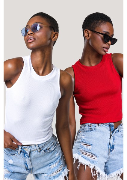 Kadın Halter Yaka Fitilli 2'li Paket Crop Bluz