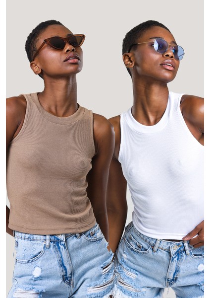 Kadın Halter Yaka Fitilli 2'li Paket Crop Bluz