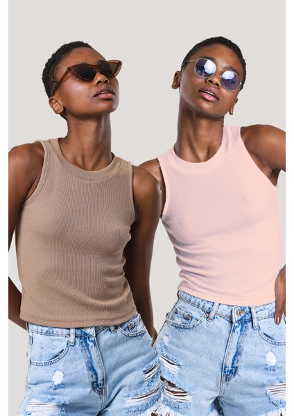 Kadın Halter Yaka Fitilli 2'li Paket Crop Bluz