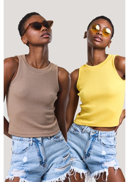 Kadın Halter Yaka Fitilli 2'li Paket Crop Bluz