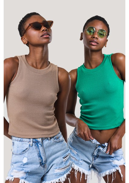 Kadın Halter Yaka Fitilli 2'li Paket Crop Bluz