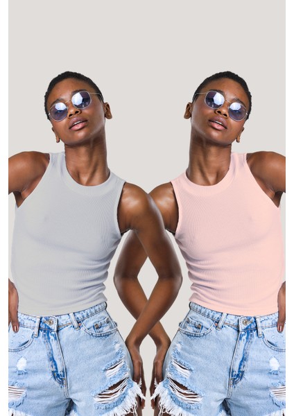 Kadın Halter Yaka Fitilli 2'li Paket Crop Bluz