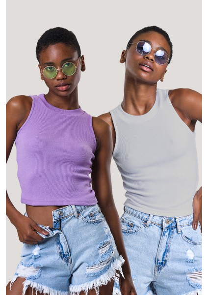 Kadın Halter Yaka Fitilli 2'li Paket Crop Bluz
