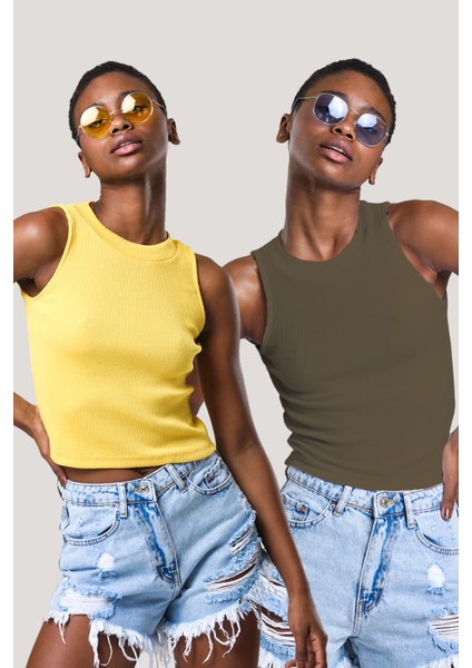 Kadın Halter Yaka Fitilli 2'li Paket Crop Bluz