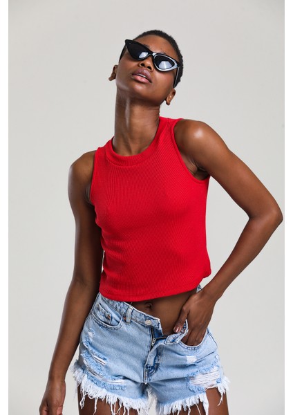 Kadın Halter Yaka Fitilli Crop Bluz