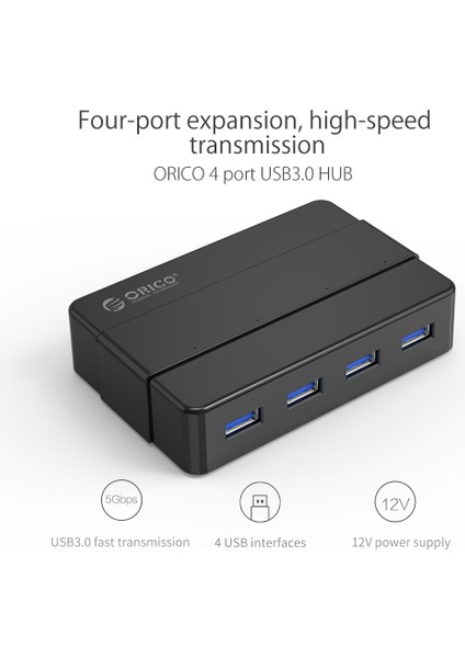 4 Portlu Usb3.0 Superspeed 12V Güç Adaptörlü Çoklayıcı Hub, Siyah, 100 Cm, H4928-U3-V1