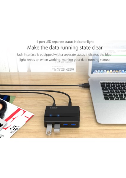 4 Portlu Usb3.0 Superspeed 12V Güç Adaptörlü Çoklayıcı Hub, Siyah, 100 Cm, H4928-U3-V1