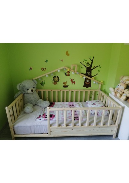 Baby Kinder Back Roofed Doğal Ahşap Yatak Montessori Bebek ve Çocuk Karyolası