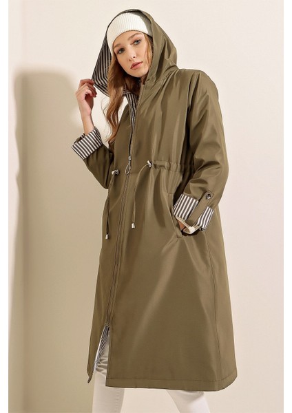 Kadın Haki Beli Büzgülü Kapşonlu Uzun Trençkot HZL22W-BD190911 fiyatları