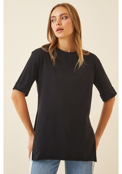Kadın Siyah Bisiklet Yaka Yandan Yırtmaçlı Kolu Katlı Oversize Örme T-Shirt HZL22S-BD143251 modelleri