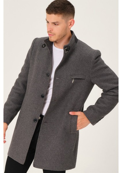Erkek Palto Düz Gri Uzun Kol %70 Yün %30 Polyester Şık Tasarım