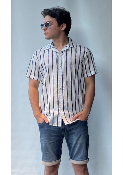 %100 Pamuk Regular Fit Kısa Kollu Apaj Yaka Çizgili Gömlek 22701