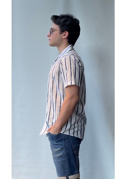 %100 Pamuk Regular Fit Kısa Kollu Apaj Yaka Çizgili Gömlek 22701 fiyatları