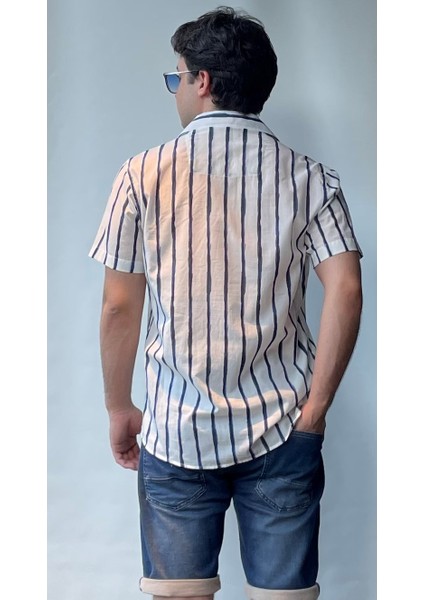 %100 Pamuk Regular Fit Kısa Kollu Apaj Yaka Çizgili Gömlek 22701 modelleri