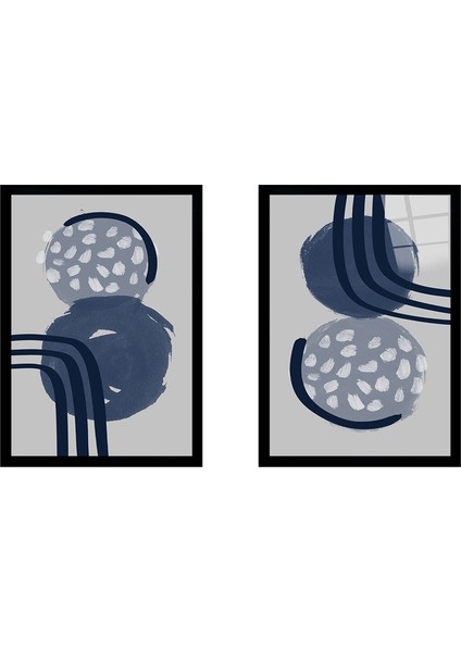 Gri ve Mavi Desenler 2'li Set Çerçeveli Cam Tablo