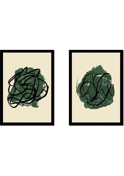 Yeşil Soyut Line Art 2'li Set Çerçeveli Mdf Tablo