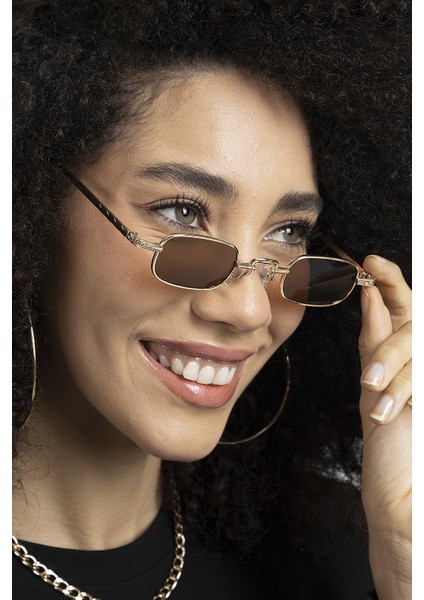 Kahverengi Camlı Metal Çerçeveli Küçük Dikdörtgen Retro Kadın Güneş Gözlüğü