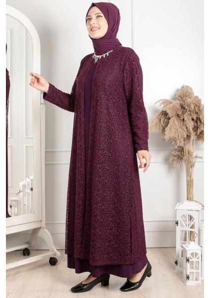 Kolye Detaylı Abiye Mürdüm MDA2220 modelleri