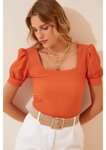 Kadın Oranj Kare Yaka Örme Bluz HZL22W-BD104091