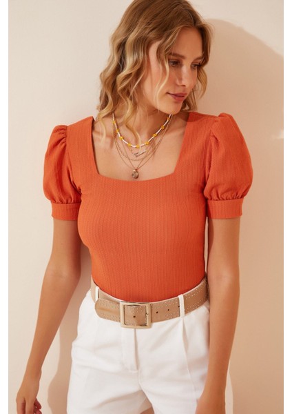 Kadın Oranj Kare Yaka Örme Bluz HZL22W-BD104091