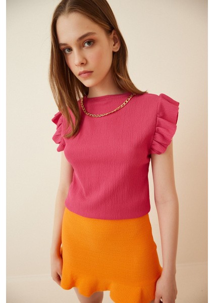 Kadın Koyu Pembe Fırfır Kollu Zincir Kolyeli Örme Bluz HZL22S-BD104301