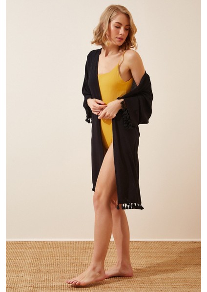 Kadın Siyah Püsküllü Midi Kimono HZL22S-BD158331