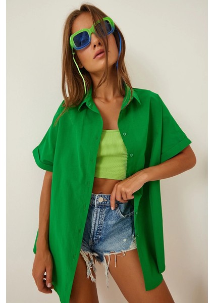 Kadın Koyu Yeşil Oversize Uzun Kısa Kollu Basic Poplin Gömlek HZL22S-BD1201201