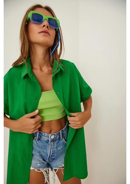 Kadın Koyu Yeşil Oversize Uzun Kısa Kollu Basic Poplin Gömlek HZL22S-BD1201201 fiyatları