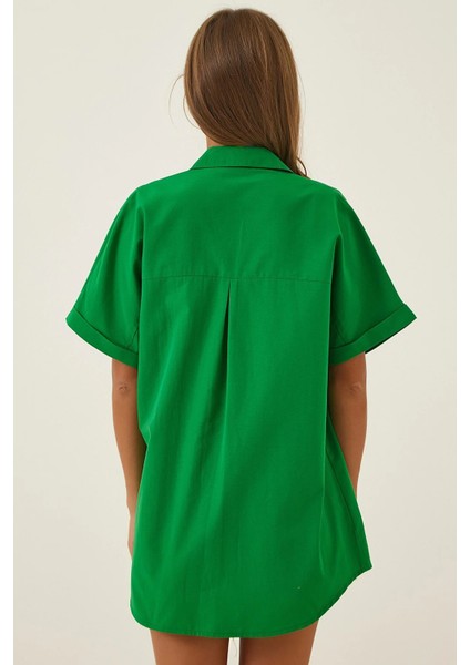 Kadın Koyu Yeşil Oversize Uzun Kısa Kollu Basic Poplin Gömlek HZL22S-BD1201201 modelleri