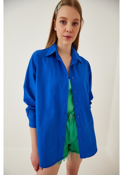 Kadın Canlı Mavi Oversize Uzun Basic Gömlek HZL22W-BD139001