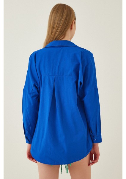 Kadın Canlı Mavi Oversize Uzun Basic Gömlek HZL22W-BD139001 modelleri
