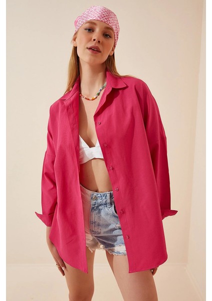 Kadın Koyu Pembe Oversize Uzun Basic Gömlek HZL22W-BD139001