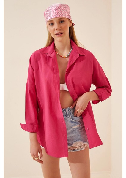 Kadın Koyu Pembe Oversize Uzun Basic Gömlek HZL22W-BD139001 fiyatları