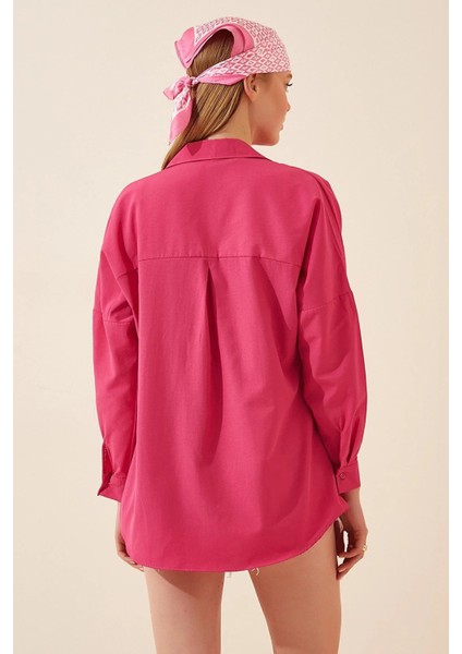 Kadın Koyu Pembe Oversize Uzun Basic Gömlek HZL22W-BD139001 modelleri