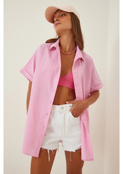 Kadın Pembe Oversize Uzun Kısa Kollu Basic Poplin Gömlek HZL22S-BD1201201 fiyatları