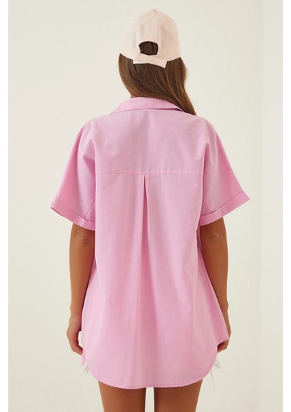 Kadın Pembe Oversize Uzun Kısa Kollu Basic Poplin Gömlek HZL22S-BD1201201 modelleri
