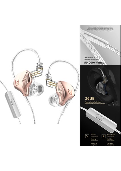 Çift Hibrid Sürücü Kulaklık 0.75MM 2pin Oyun Hd Stereo Hıfı Bas Spor Mic ile Gül Altın (Yurt Dışından)