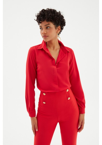 Şifon Klasik Gömlek - Kırmızı