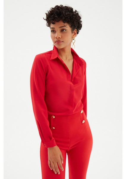 Şifon Klasik Gömlek - Kırmızı fırsatları
