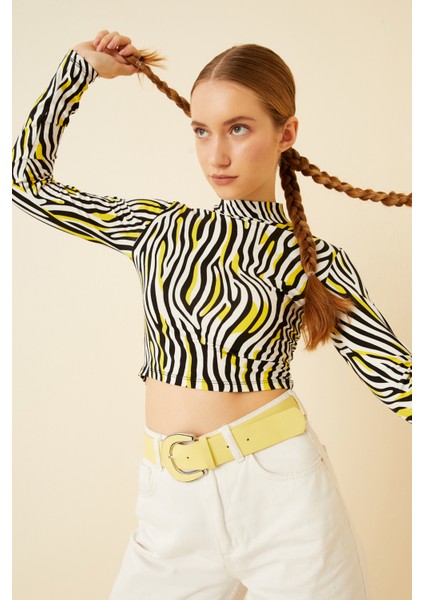 Kadın Sarı Siyah Zebra Desenli Uzun Kol Crop Bluz